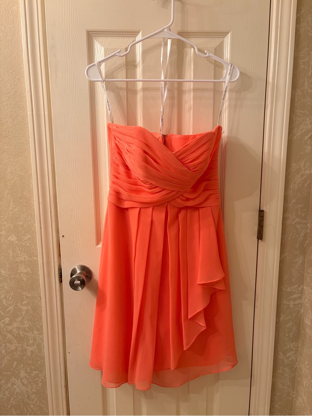 David's Bridal Strapless Coral-Orange Chiffon Dress